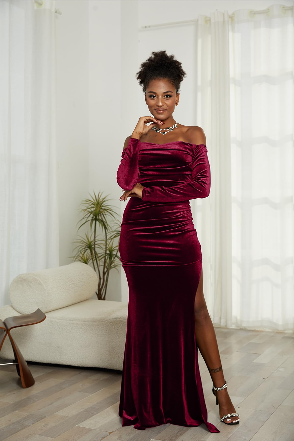 Women Off The Shoulder Formal Dresses Velvet High Split Maxi Dress