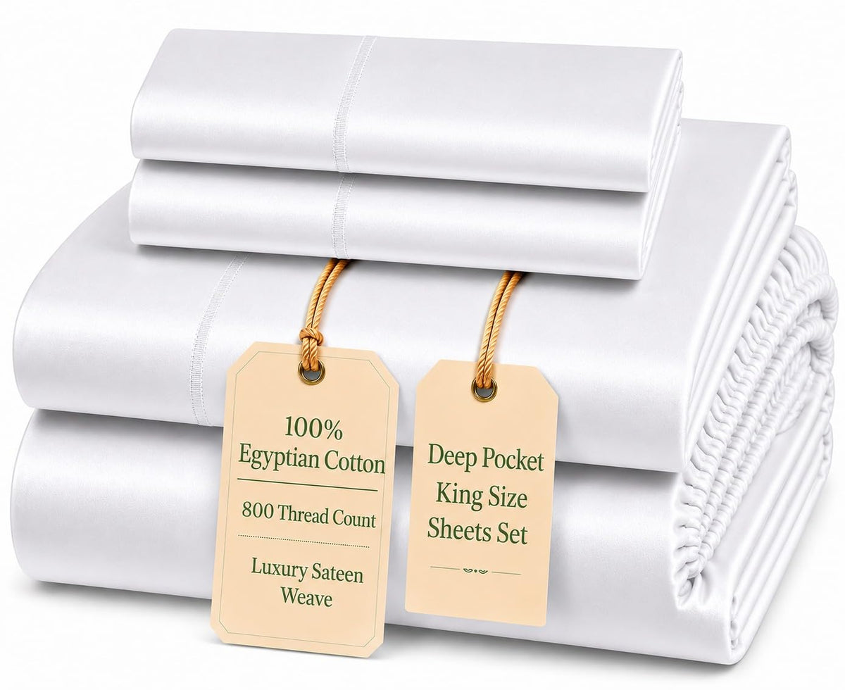 100% Egyptian Cotton Sheets King Size Sheets Set with Fully Elasticated 15" Deep Fitted Sheet & Pillowcases
