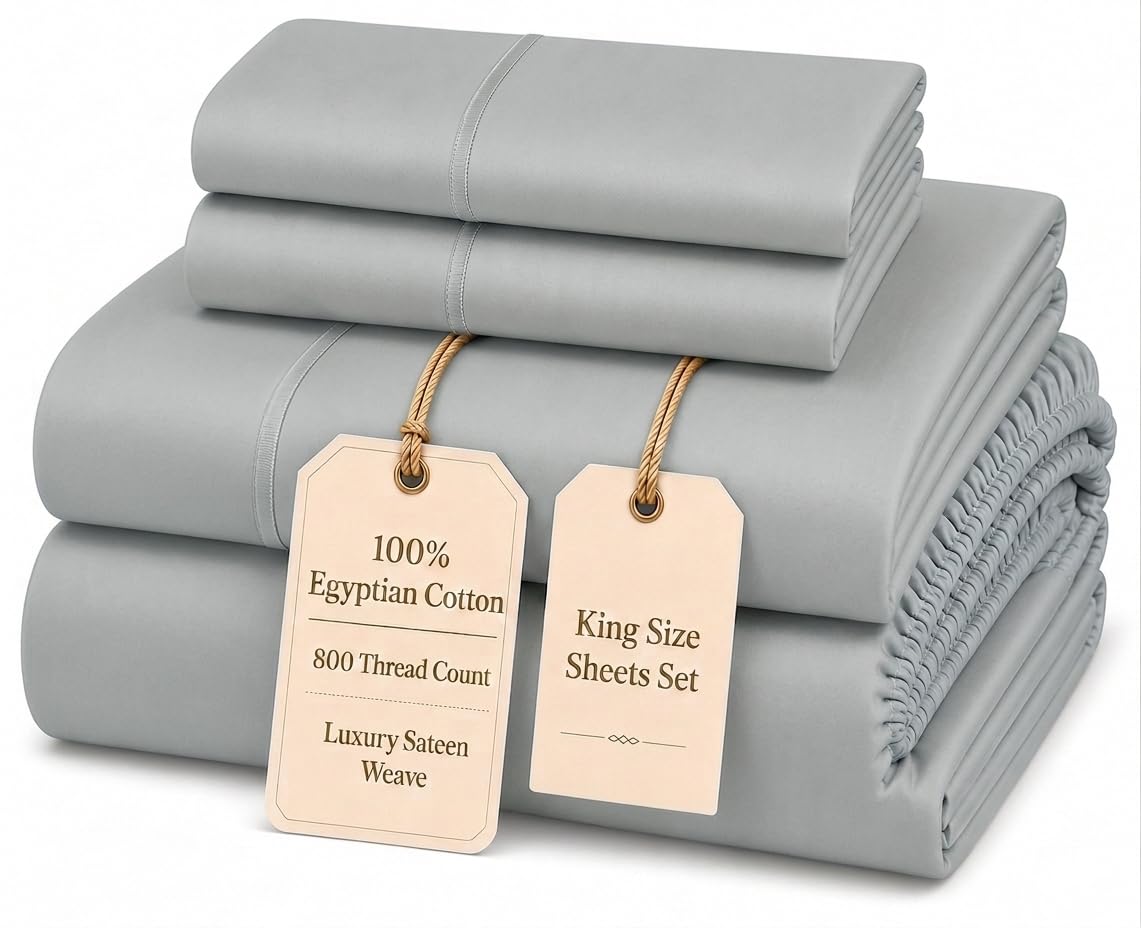100% Egyptian Cotton Sheets King Size Sheets Set with Fully Elasticated 15" Deep Fitted Sheet & Pillowcases