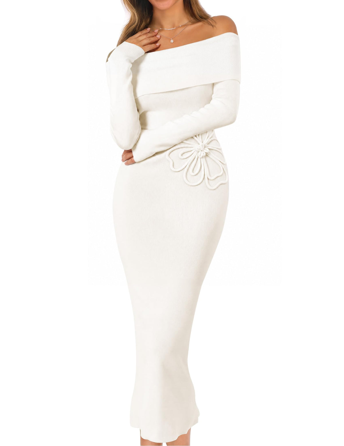 MEROKEETY Women's Fall Off Shoulder Long Sleeve Bodycon Midi Sweater Dress