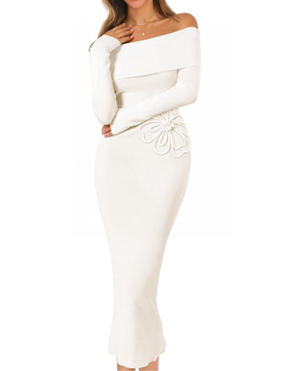 MEROKEETY Women's Fall Off Shoulder Long Sleeve Bodycon Midi Sweater Dress