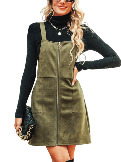 CUPSHE Faux Suede Mini Fall Dresses for Women Square Neck Pull Ring Zipper Front Pockets Wide Straps Casual Autumn Dress