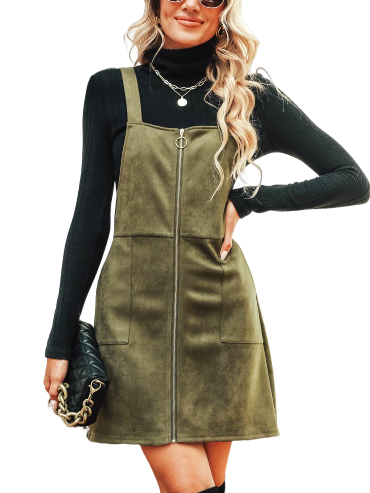 CUPSHE Faux Suede Mini Fall Dresses for Women Square Neck Pull Ring Zipper Front Pockets Wide Straps Casual Autumn Dress