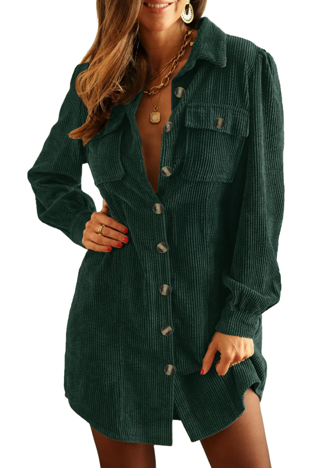 Women's Corduroy Long Sleeve Button Work Tunic Short Dresses