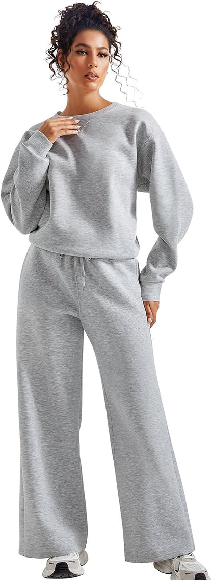 SUUKSESS Women 2 Piece Outfits Fall Oversized Sweatshirt Wide Leg Pants
