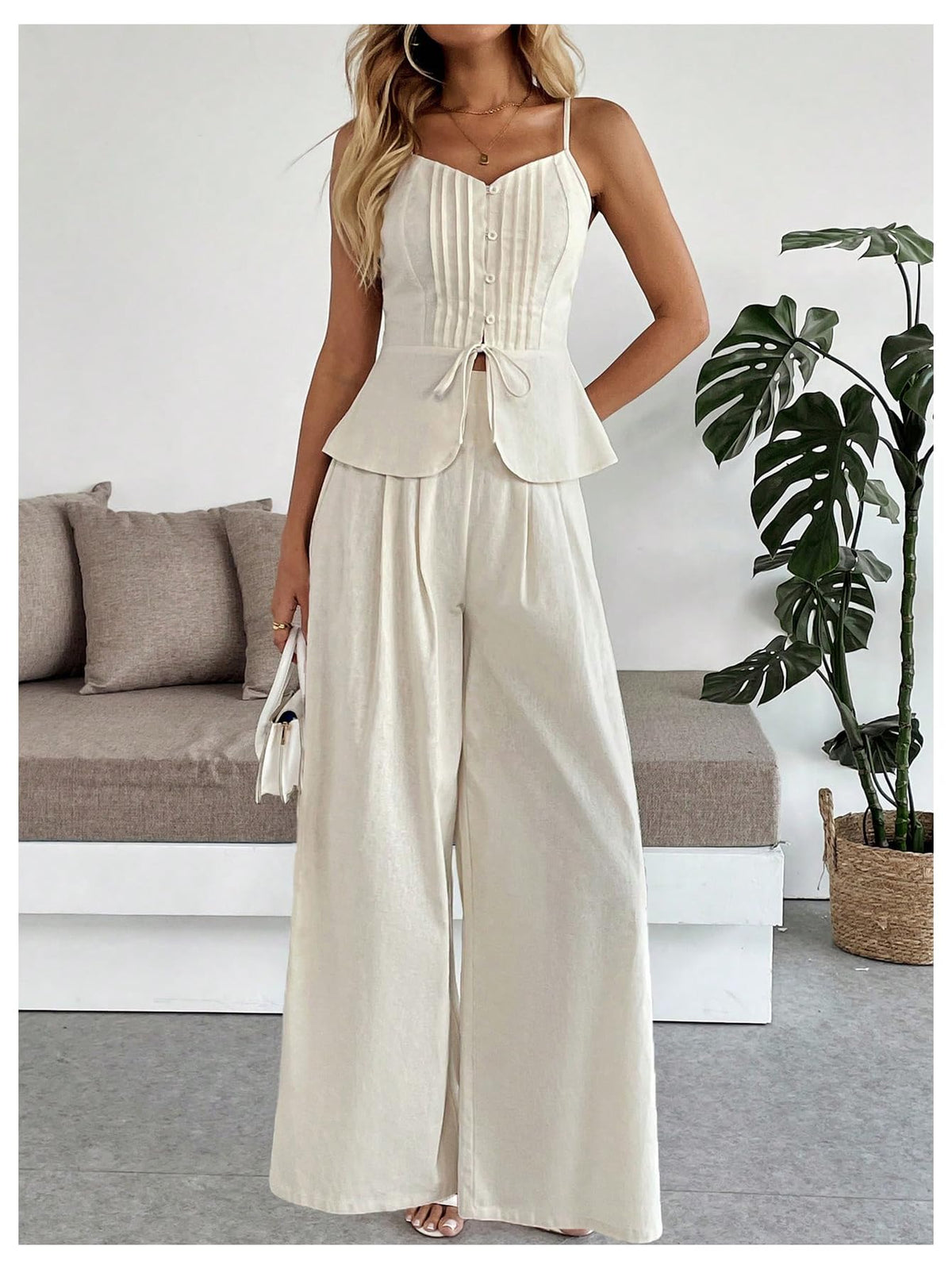 SOLY HUX Women's 2 Piece Outfit Button Down Peplum Cami Wide Leg Pants Set