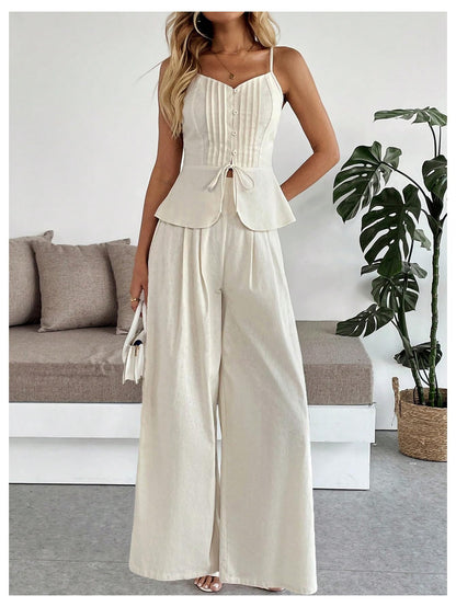 SOLY HUX Women's 2 Piece Outfit Button Down Peplum Cami Wide Leg Pants Set