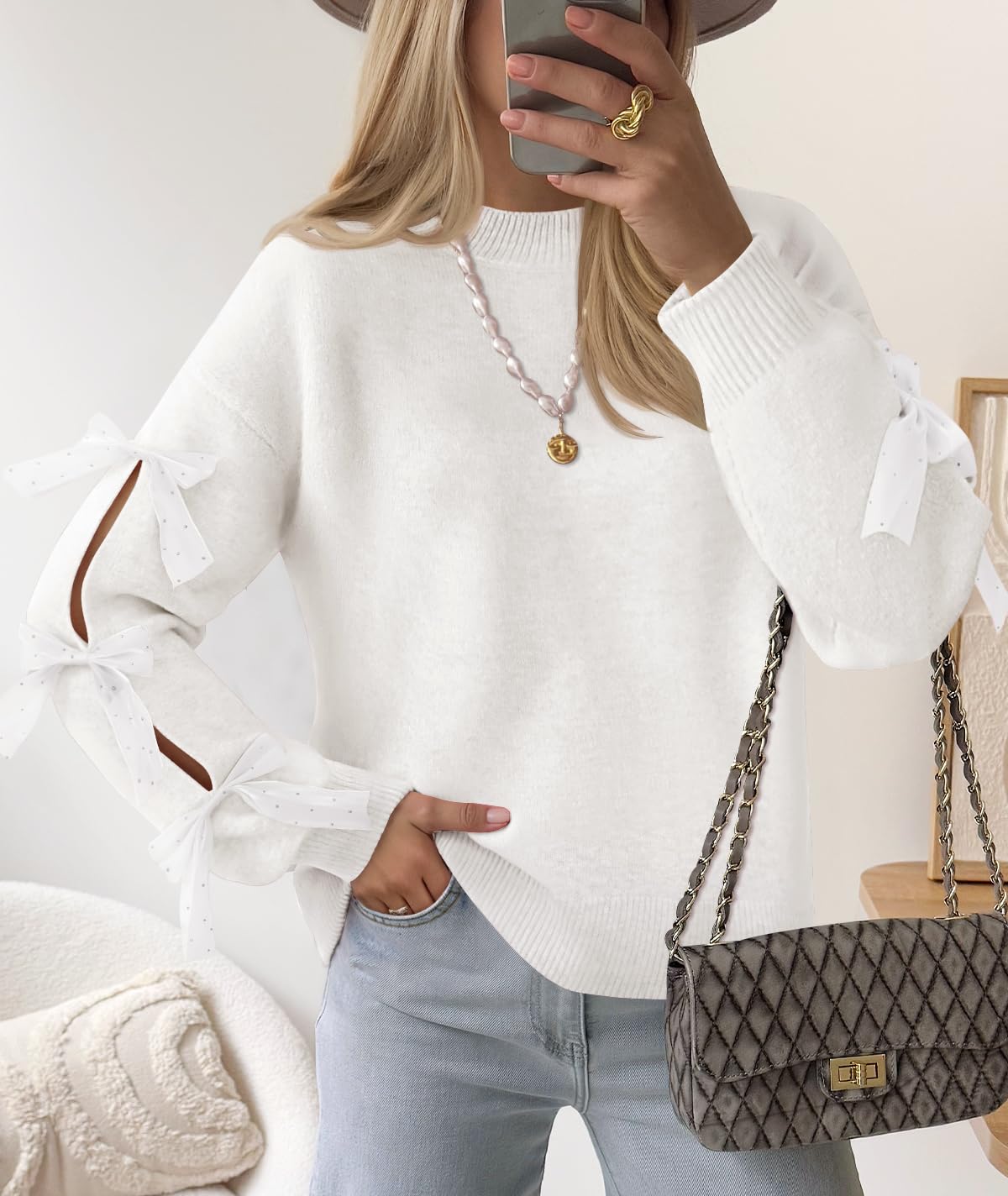ZESICA Cute Bow Long Sleeve Oversized Sweaters