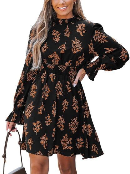 CUPSHE Women Mock Neck Floral Smocked Waist Mini Dress