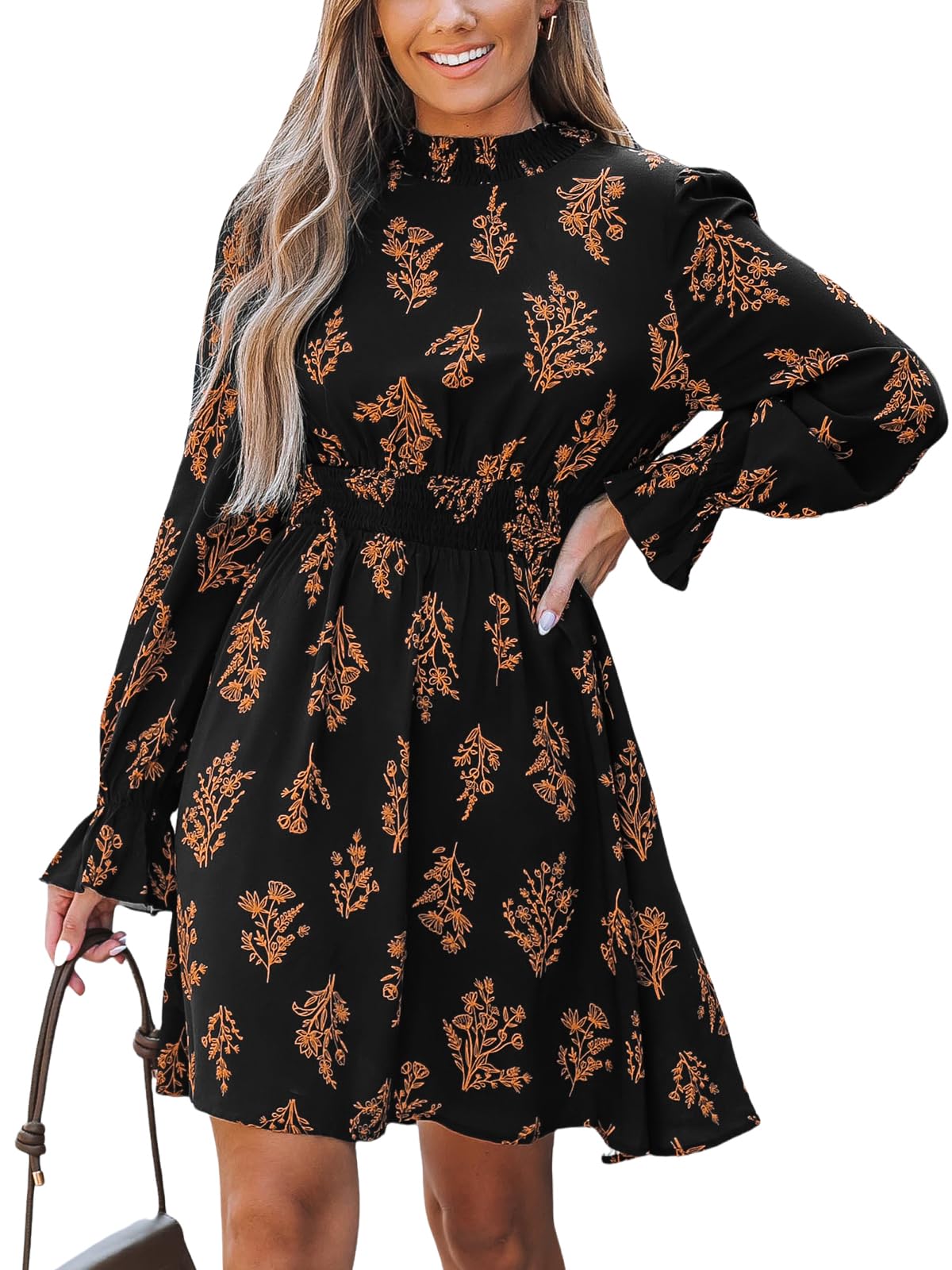 CUPSHE Women Mock Neck Floral Smocked Waist Mini Dress