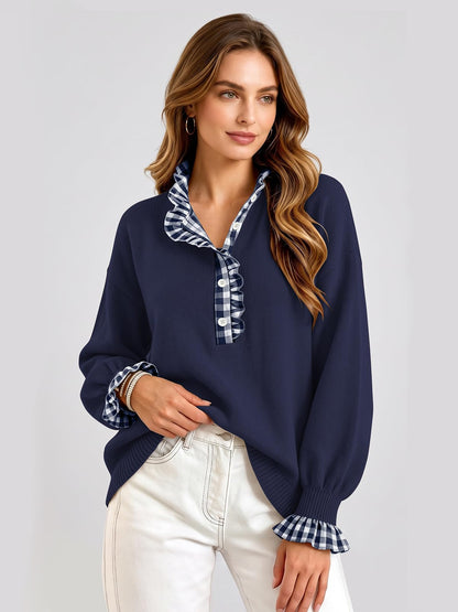Ruffle Knit Collared Quarter Pullover