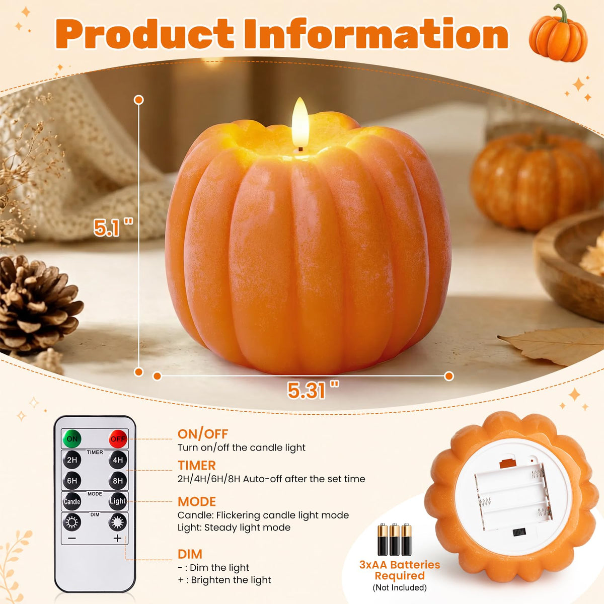 Fall Decor, Fall Decorations for Home - Flameless Pumpkin Candle with Timer Remote - Room Bedroom Table Farmhouse Decor for Halloween, Thanksgiving, Orange+white