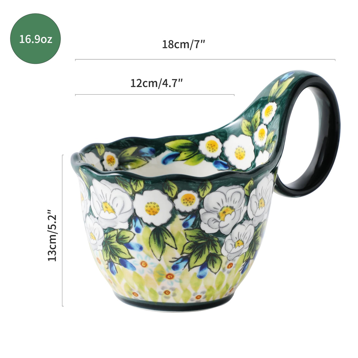 Alma Handpainted Microwavable Soup Bowl with Loop Handle 18.6Oz, Cereal Bowl with Handle