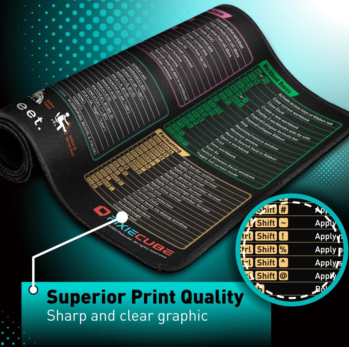 Pixiecube Excel Cheat Sheet Desk Pad | Excel Shortcut Keys Mouse Pad | Extended Large XL Gaming Mousepad | Pc Office Spreadsheet Keyboard Mat | Non-Slip Stitched Edge