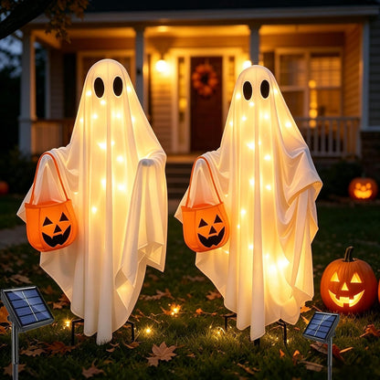 Solar Ghost Halloween Lights 2Pack Hanging Stake Yard Decor | Solar Glowing Ghost Decor, Rainproof, Dual Mount. Perfect Lawn Porch Decor for Halloween Fans