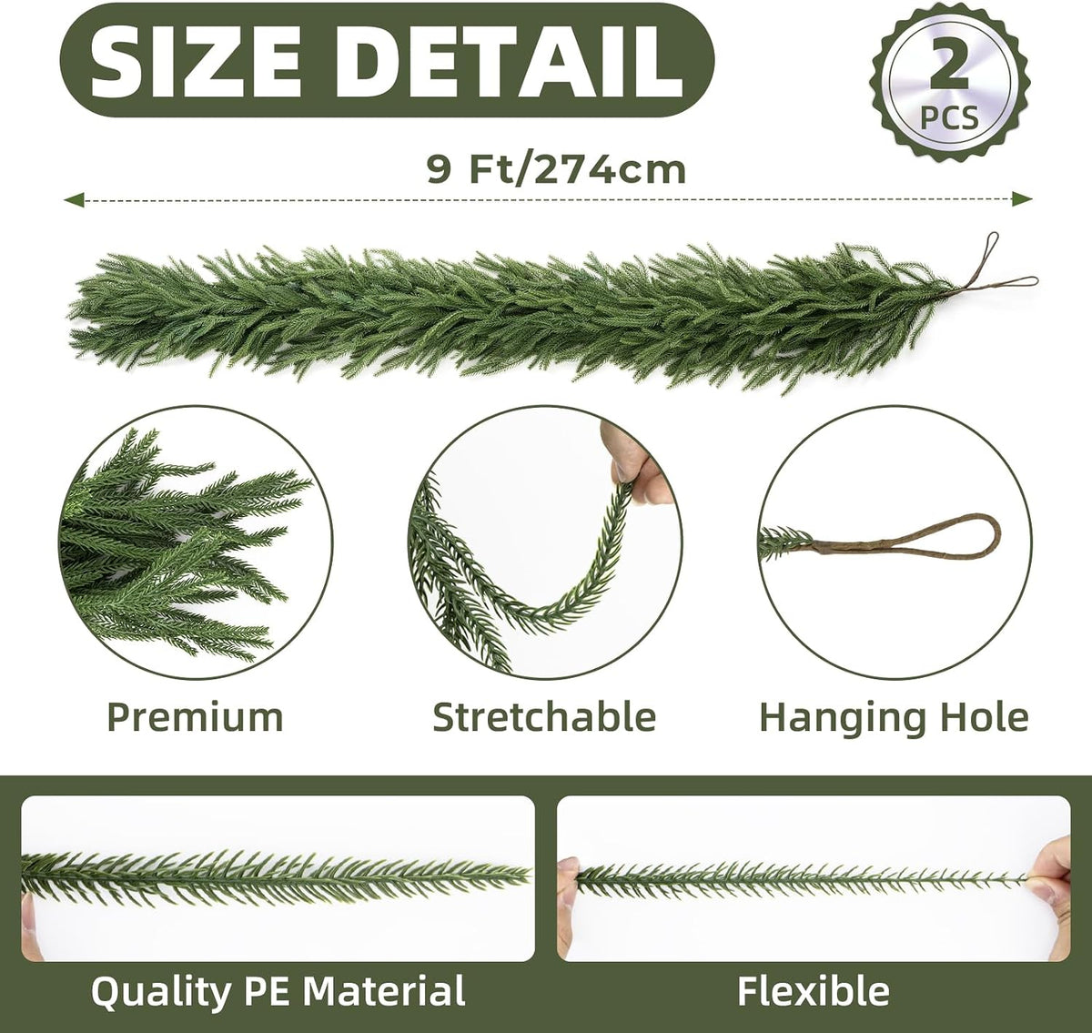 CLEANGOR 2Pcs 9FT Norfolk Pine Garlands for Christmas Decorations Indoor