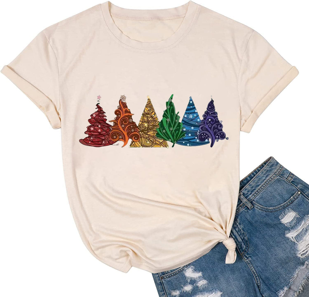 hcihgzr Christmas Shirts for Women Merry and Bright Christmas Shirt Xmas Tree Graphic Holiday T-Shirt Tops
