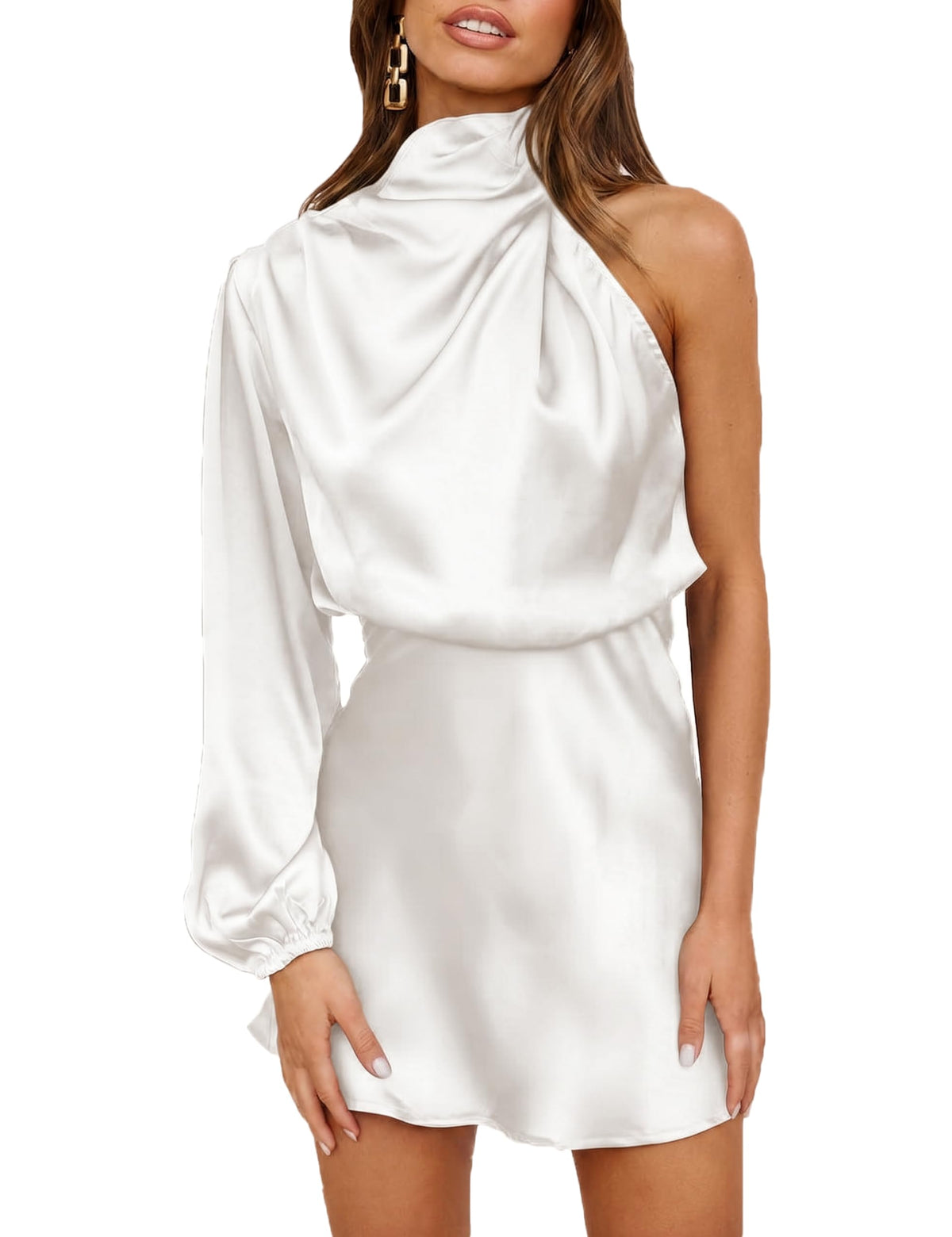 Women Satin One Shoulder Long Sleeve High Neck Cocktail Mini Dress