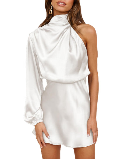 Women Satin One Shoulder Long Sleeve High Neck Cocktail Mini Dress