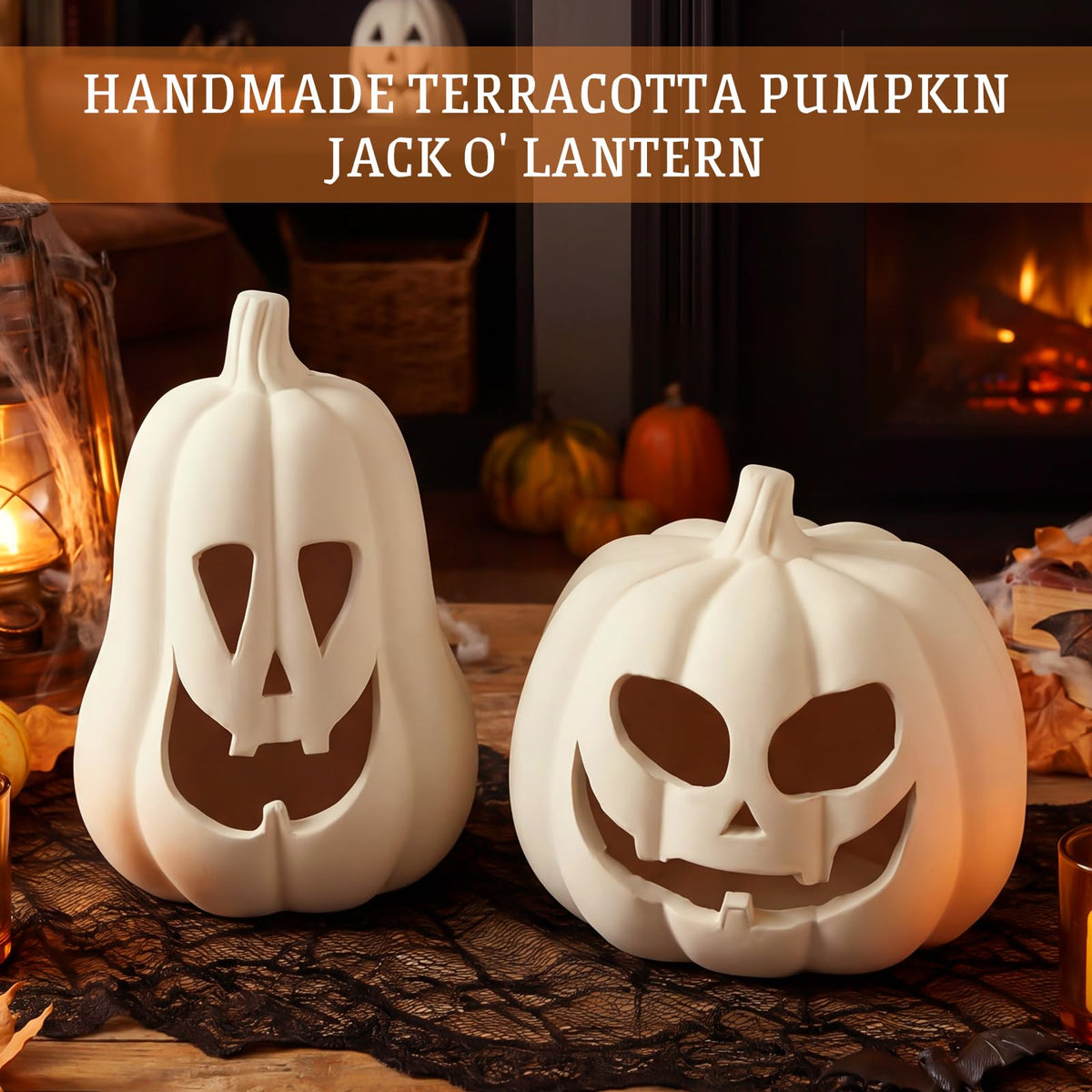 Tioncy 2 Pack Fall Decor Halloween Decorations Terracotta Pumpkin Decoration Handmade Clay Pumpkin Jack-O-Lantern Halloween Tealight Holder Rustic Farmhouse Fall Home Decor for Table(orange)