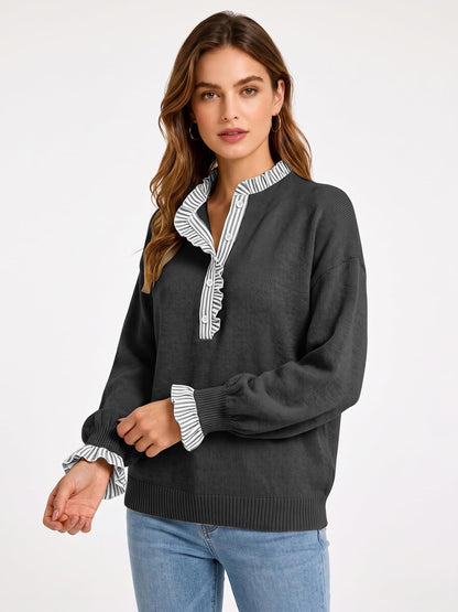 Ruffle Knit Collared Quarter Pullover