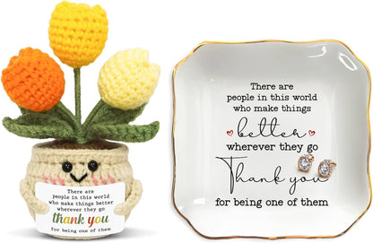 OASSIE Thank You Gifts for Women - Thank You Bundle, Emotional Support Crochet Tulip & 4"x4" Ceramic Jewelry Dish Tray - Teachers Day Birthday Retirement Nurse Appreciation Gifts for Women
