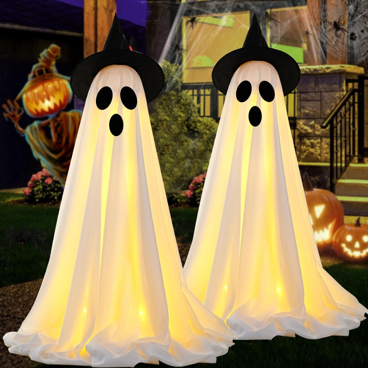 Set of 4 Halloween Hanging Ghosts, Halloween Decorations Outdoor Hanging Ghosts with Witch Hat,glowing Ghost Witch Hat Lights, Light Up Ghost Decor for Yard Patio Garden Tree Outside(4 Ghost Lighted)