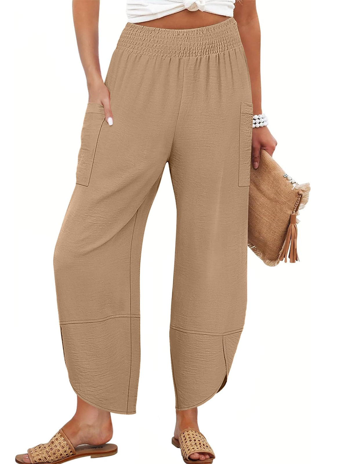 Anrabess Womens Wide Leg Palazzo Capri Pants Summer Casual High Waisted Barrel Lounge Flowy Cropped Beach Work Trousers
