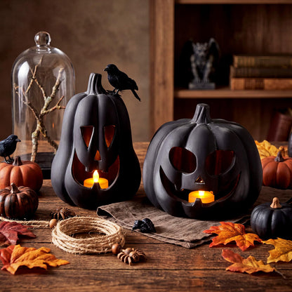Tioncy 2 Pack Fall Decor Halloween Decorations Terracotta Pumpkin Decoration Handmade Clay Pumpkin Jack-O-Lantern Halloween Tealight Holder Rustic Farmhouse Fall Home Decor for Table(orange)