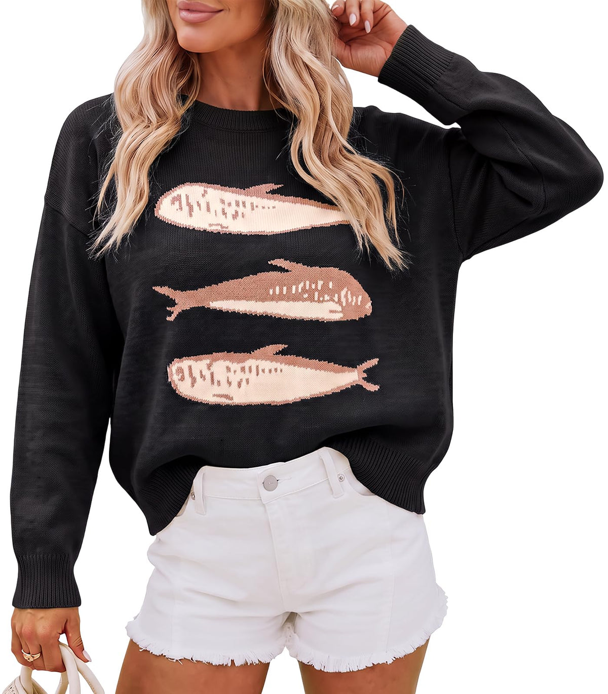 Cicy Bell Womens Graphic Sweaters Lightweight Knit Crewneck Pullover