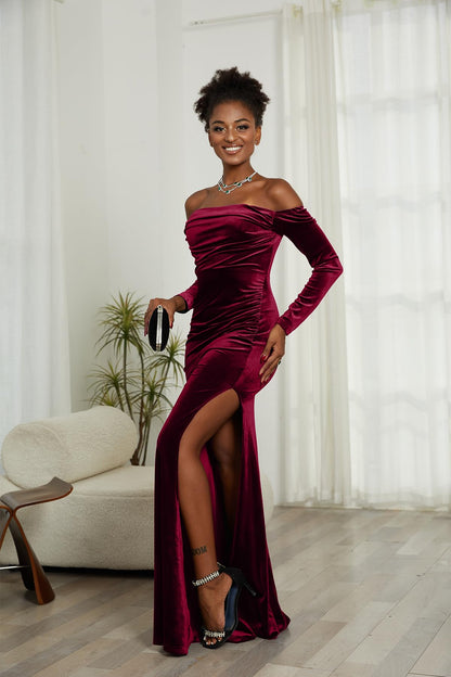 Women Off The Shoulder Formal Dresses Velvet High Split Maxi Dress