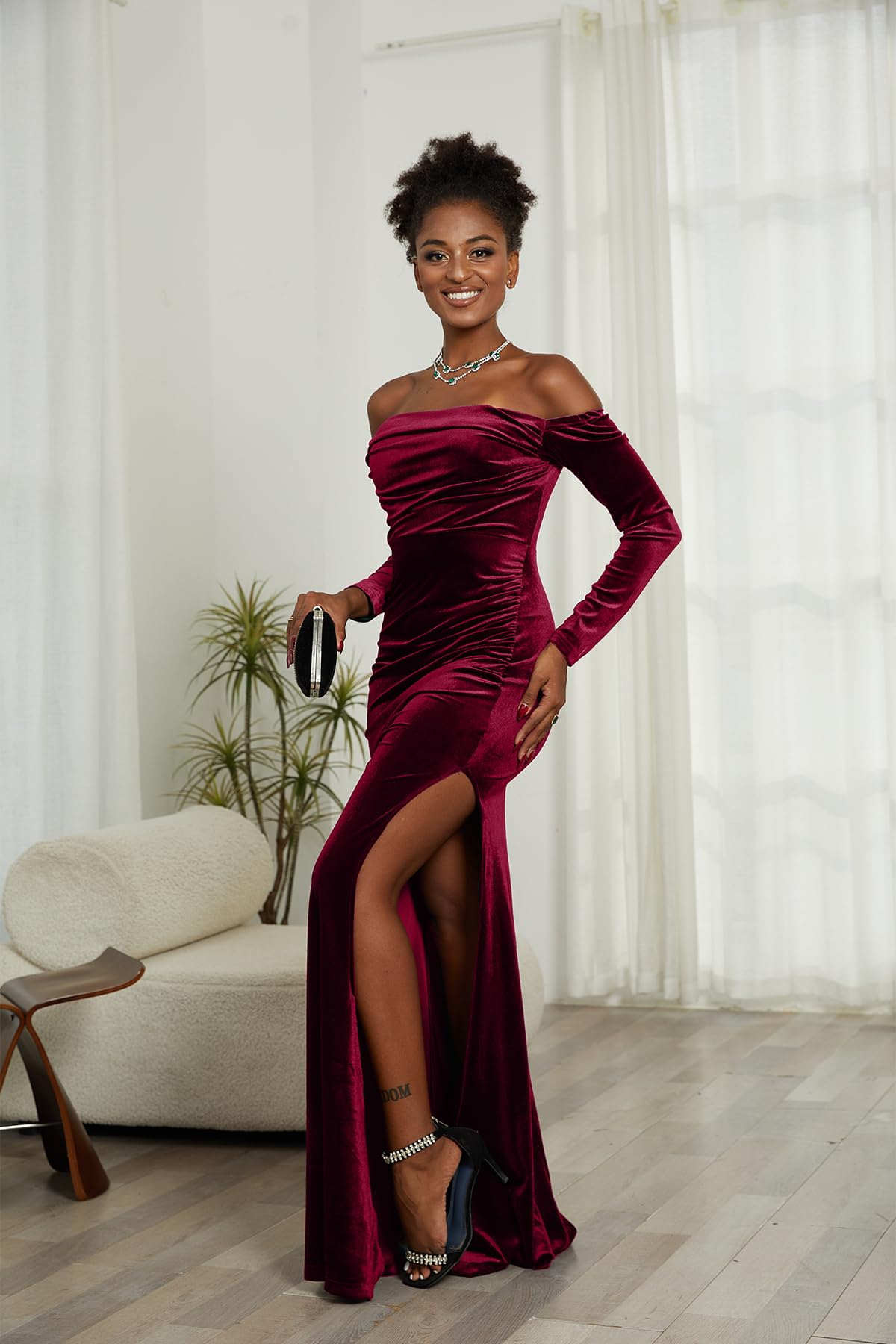 Women Off The Shoulder Formal Dresses Velvet High Split Maxi Dress