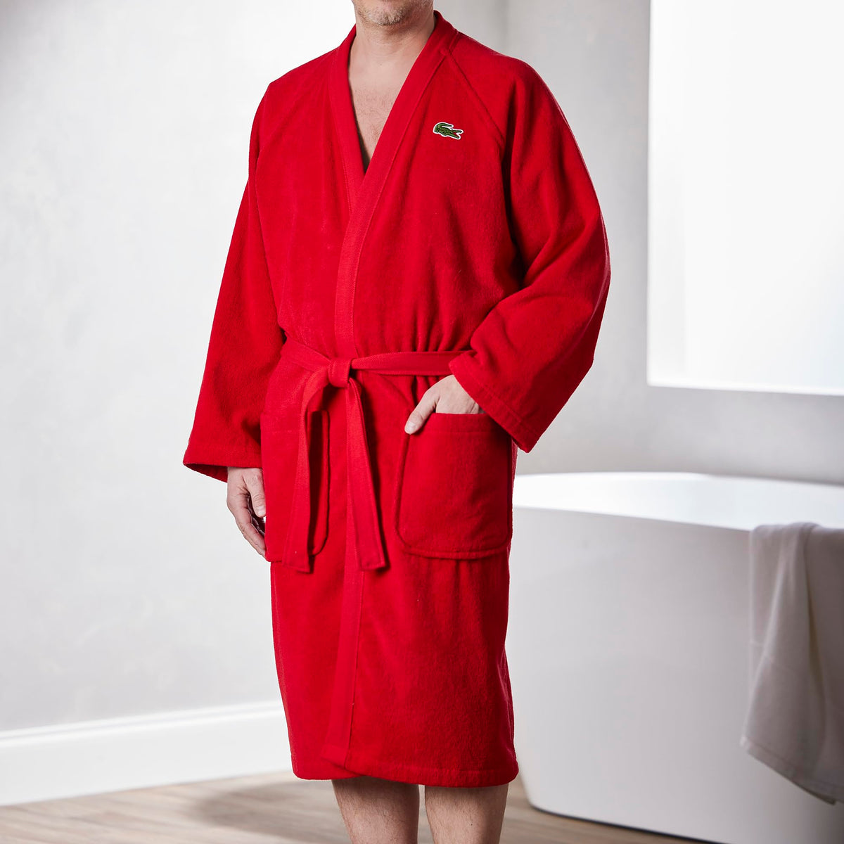 Lacoste Classic Pique Bath Robe, 100% Soft Cotton Terry, Unisex Adult Bathrobe, Absorbent & Quick Drying, One Size Fits Most