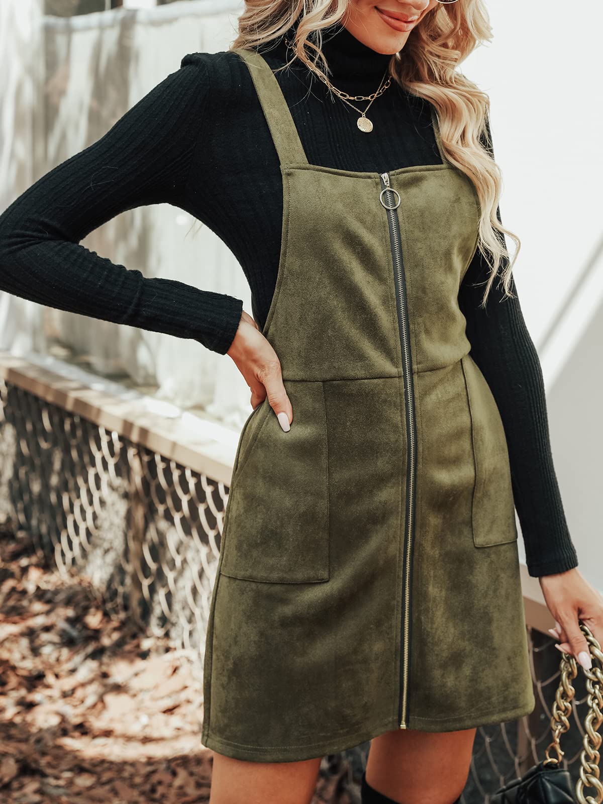 CUPSHE Faux Suede Mini Fall Dresses for Women Square Neck Pull Ring Zipper Front Pockets Wide Straps Casual Autumn Dress