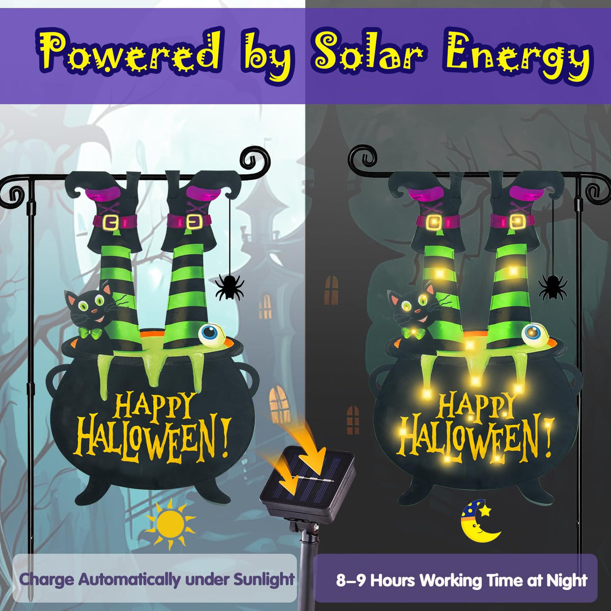 Halloween Lighted Garden Flag for Outside, LED Solar Yard Flag 8 Modes Witch Feet Shape Flag, 28x40 Double Sided Cauldron Eyeball Black Cat Decorations for Home Porch