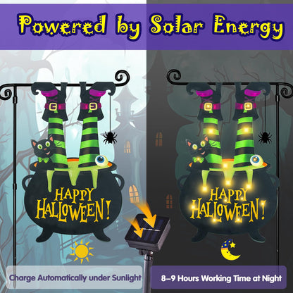 Halloween Lighted Garden Flag for Outside, LED Solar Yard Flag 8 Modes Witch Feet Shape Flag, 28x40 Double Sided Cauldron Eyeball Black Cat Decorations for Home Porch