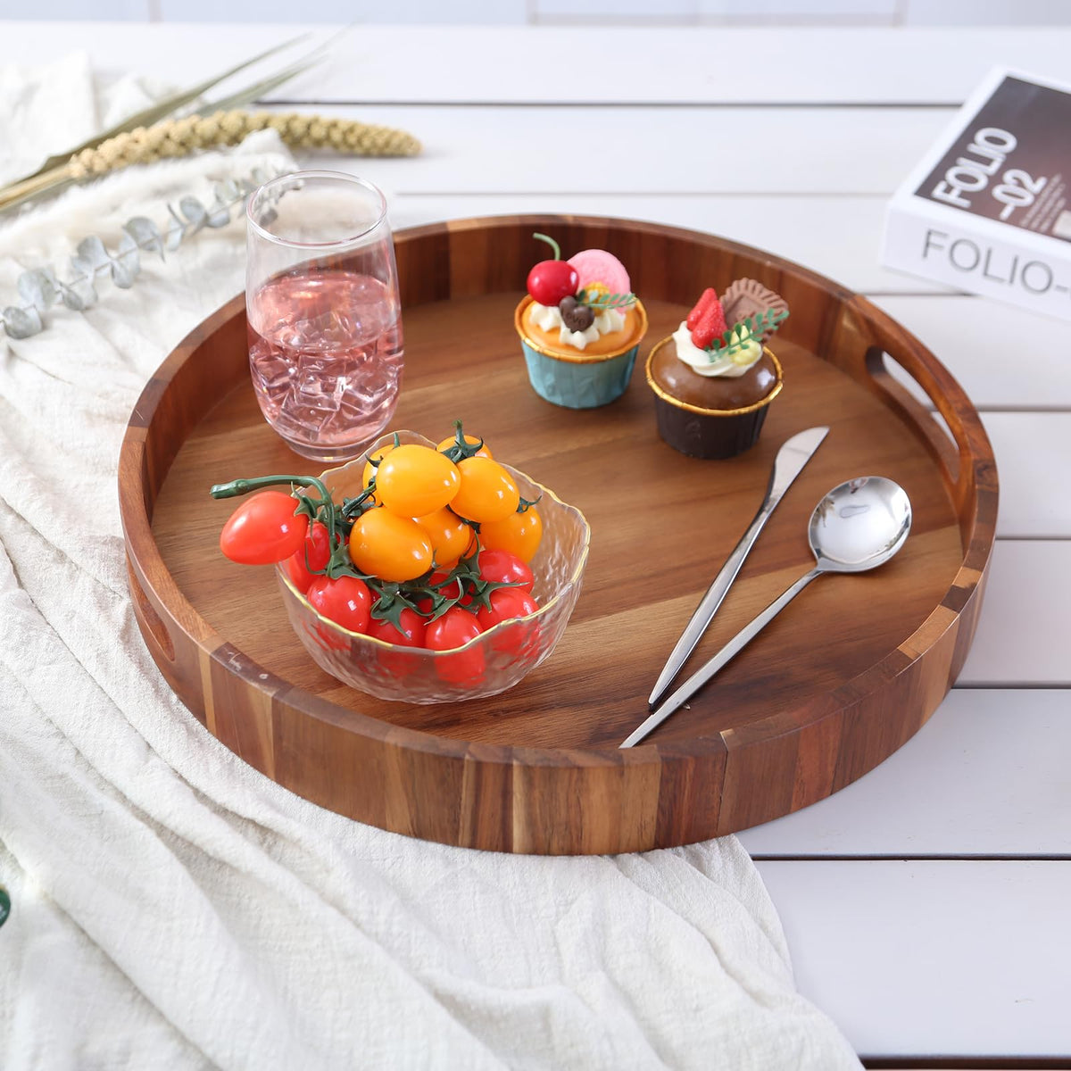 Extra Large 20INCH Premium Acacia Wood Tray Round Ottoman Tray with Handles