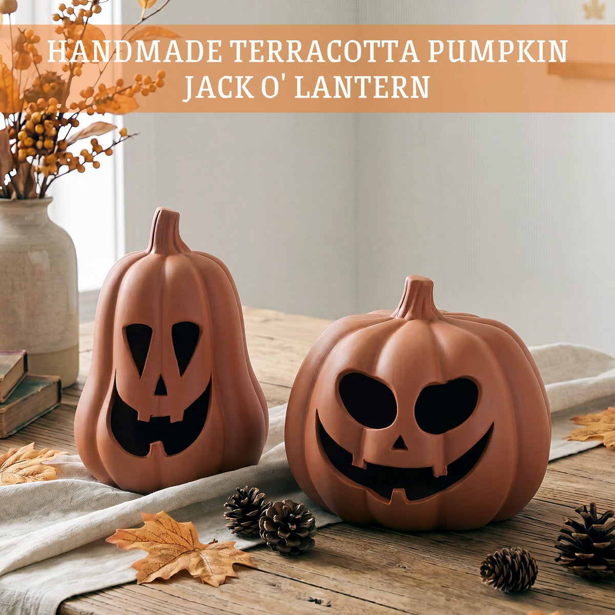 Tioncy 2 Pack Fall Decor Halloween Decorations Terracotta Pumpkin Decoration Handmade Clay Pumpkin Jack-O-Lantern Halloween Tealight Holder Rustic Farmhouse Fall Home Decor for Table(orange)