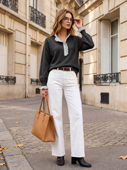 Ruffle Knit Collared Quarter Pullover