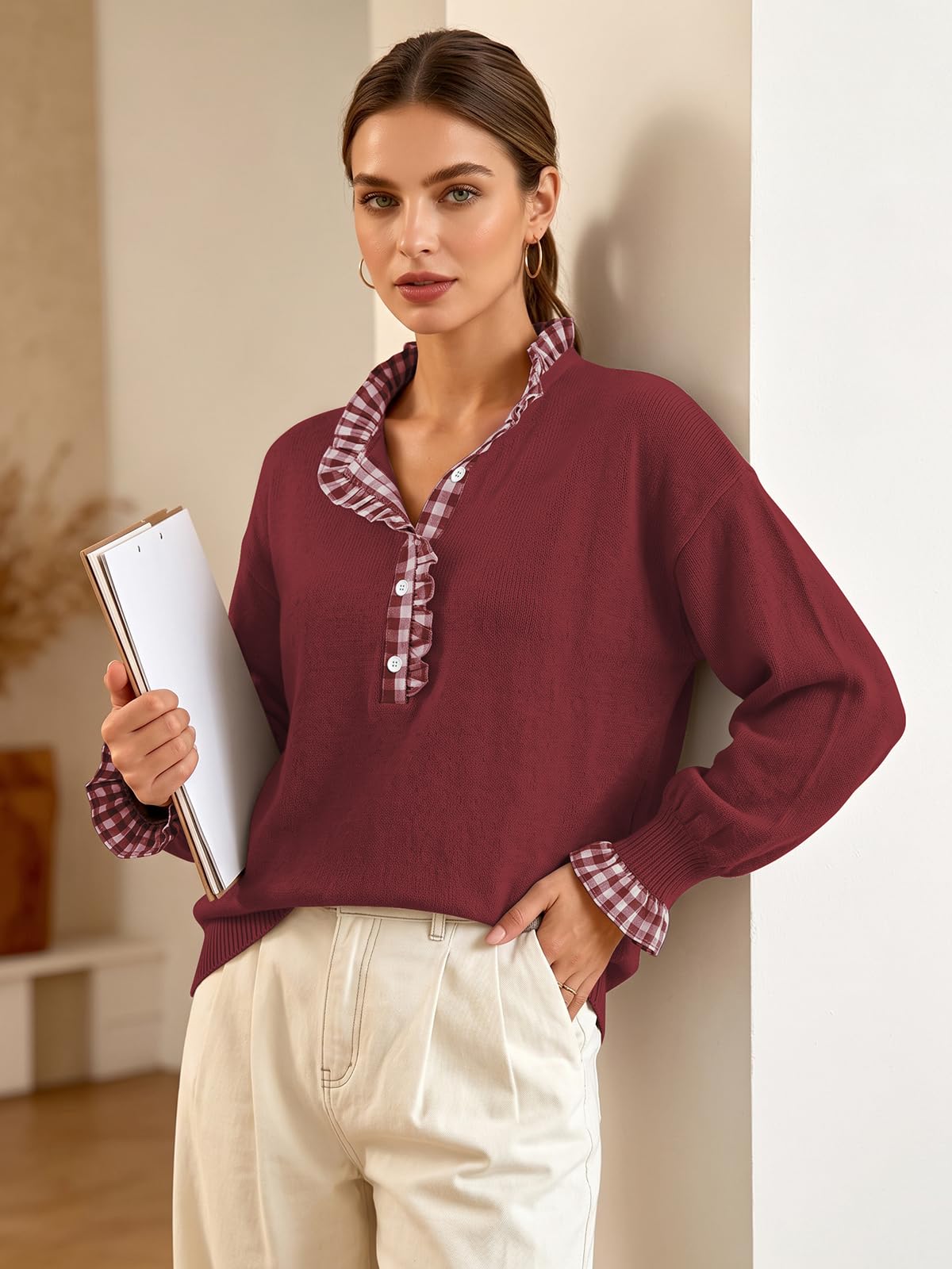 Ruffle Knit Collared Quarter Pullover