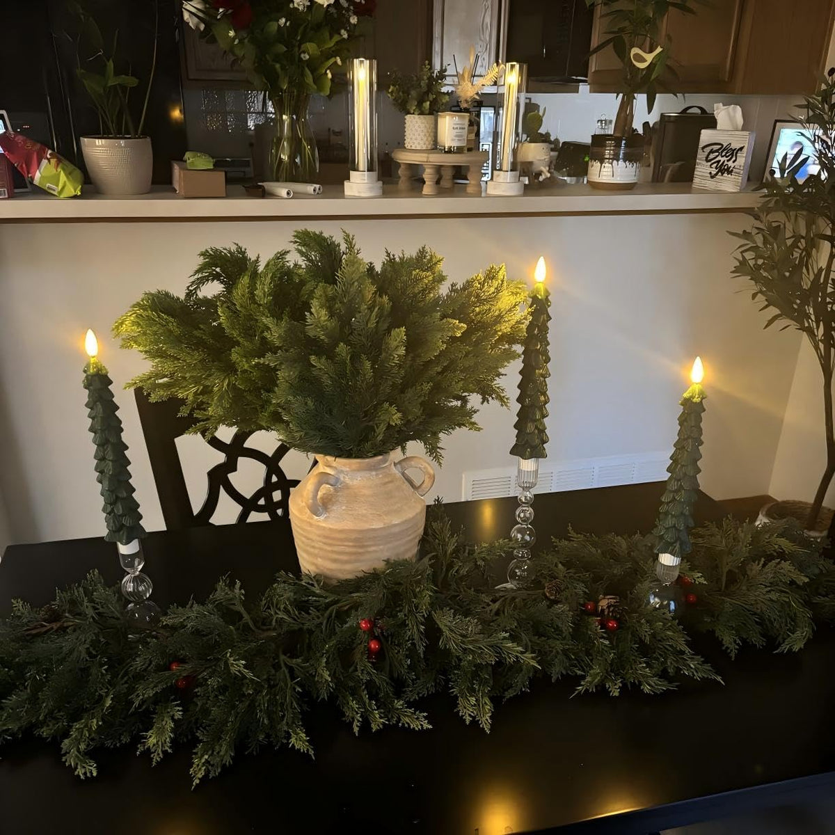 Green Christmas Tree Flameless Taper Candles Battery Operated Remote Timer