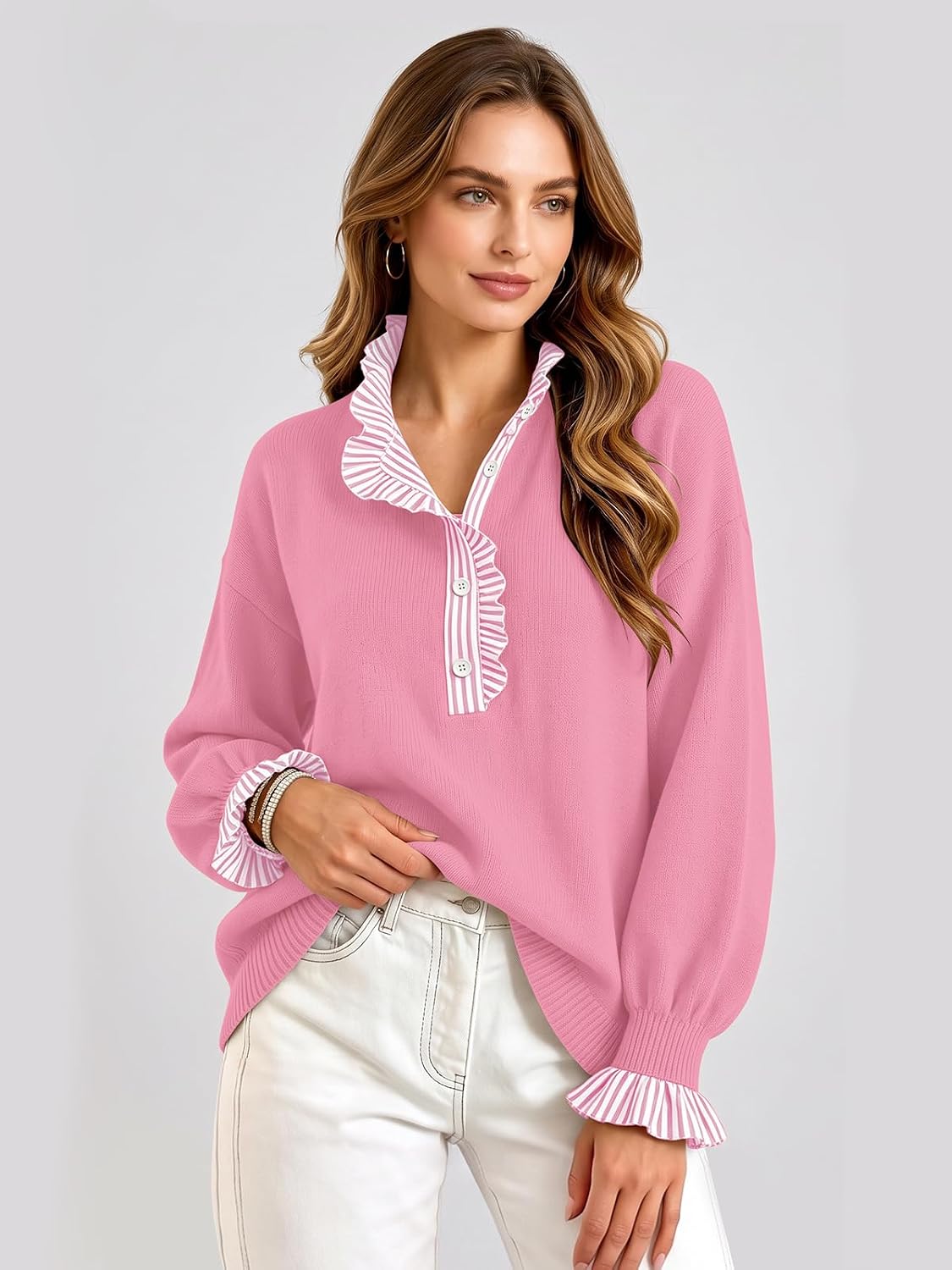 Ruffle Knit Collared Quarter Pullover