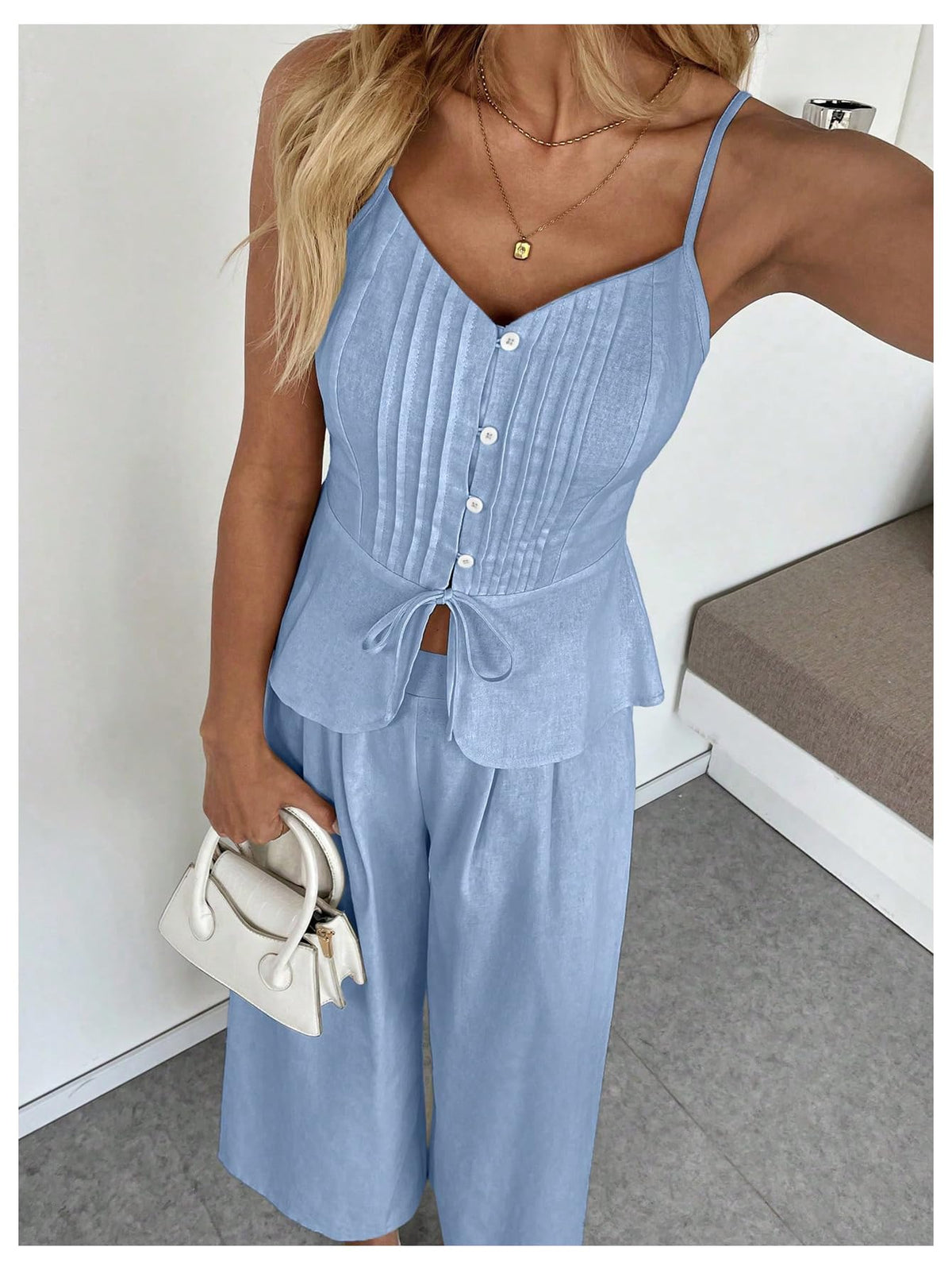 SOLY HUX Women's 2 Piece Outfit Button Down Peplum Cami Wide Leg Pants Set