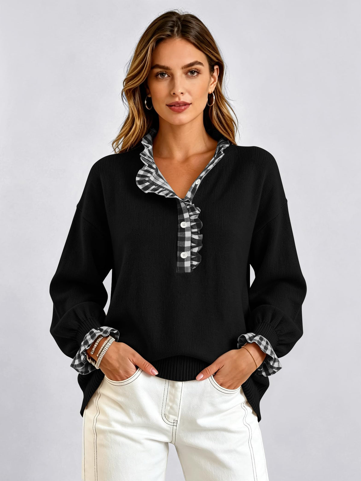 Ruffle Knit Collared Quarter Pullover