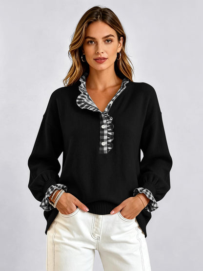 Ruffle Knit Collared Quarter Pullover