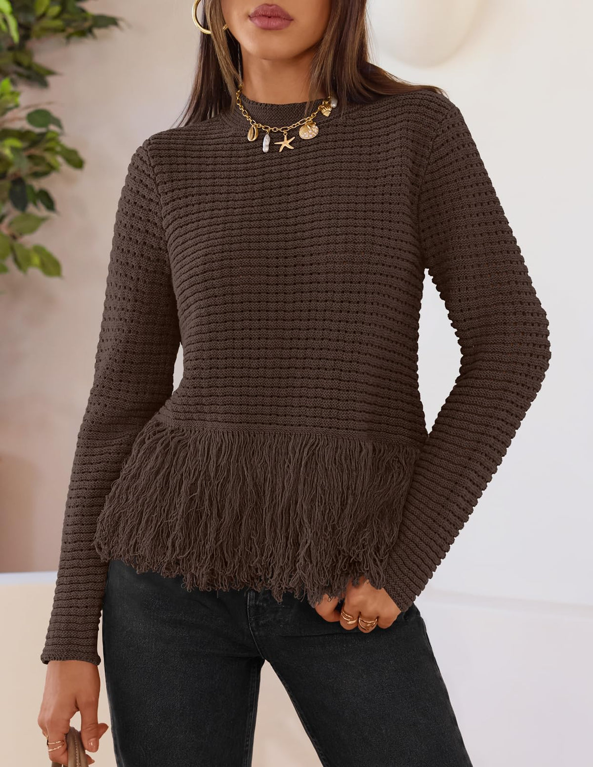 MEROKEETY Women's Fall Fashion Crochet Fringe Sweater Tops Boho Pullover