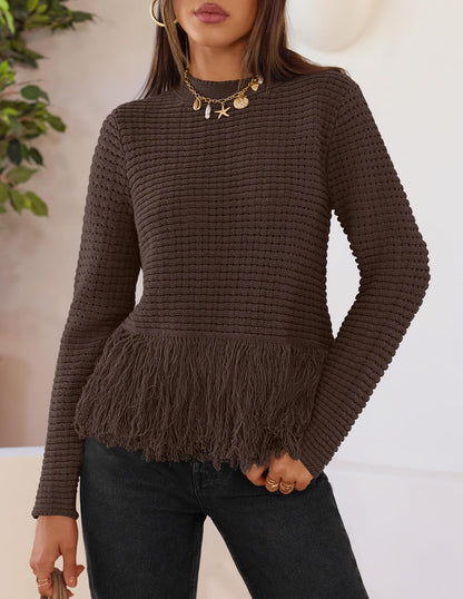 MEROKEETY Women's Fall Fashion Crochet Fringe Sweater Tops Boho Pullover