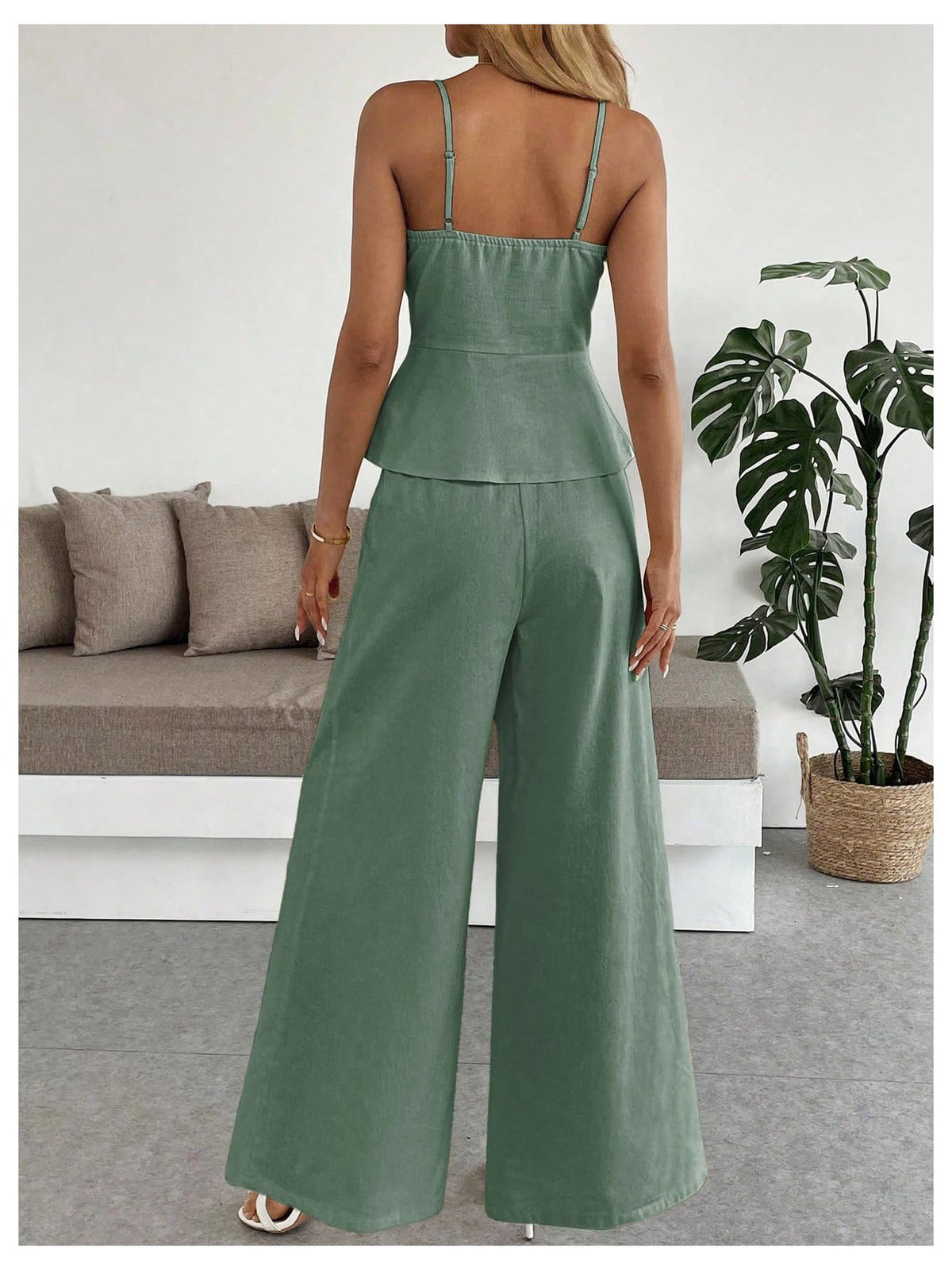 SOLY HUX Women's 2 Piece Outfit Button Down Peplum Cami Wide Leg Pants Set