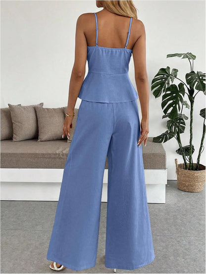 SOLY HUX Women's 2 Piece Outfit Button Down Peplum Cami Wide Leg Pants Set