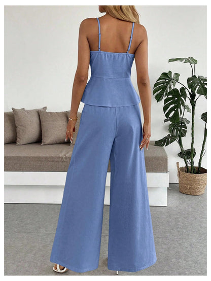 SOLY HUX Women's 2 Piece Outfit Button Down Peplum Cami Wide Leg Pants Set